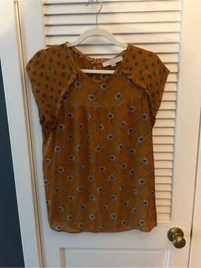 LOFT Mustard Floral Keyhole Cap-Sleeve Blouse